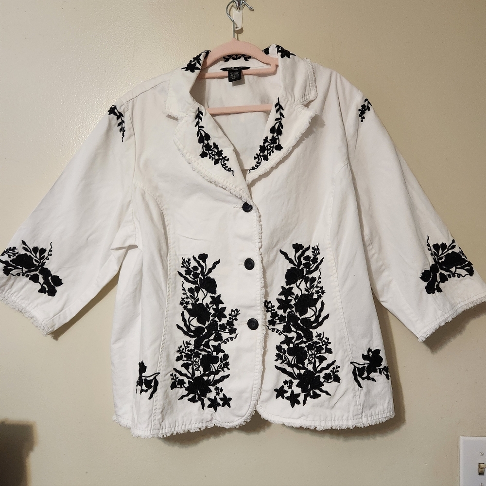 Multiples Blazer Womens White Black Embroidered Floral 3/4 Sleeve Boho 2X